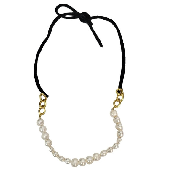 Hand Crafted Jewelry - Freshwater Pearl Gold Chain Leather Tie Necklace